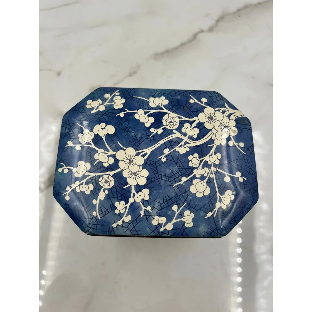 Vintage Daher Tin Container Blue Crackle White Floral Cherry Blossom England